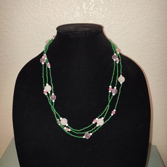 Pink Quartz Beads Green and Pink Necklace Beaded Long wrap 1, 2, 3, 4 layers - Picture 3 of 8